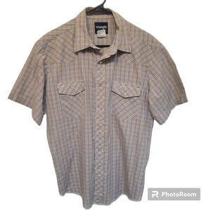Wrangler Men's Large Short Sleeve Plaid Pearl Snap Brown Blue White Lightweight